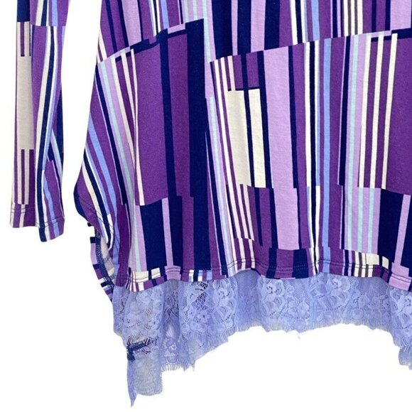 LOGO Lori Goldstein Tunic Top Size XS Striped Purple Lace Bottom Long Sleeve - Picture 3 of 8